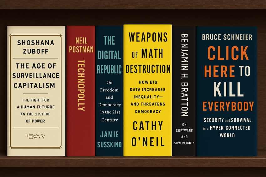 A digital bookshelf displays six influential books on data, technology, and governance.